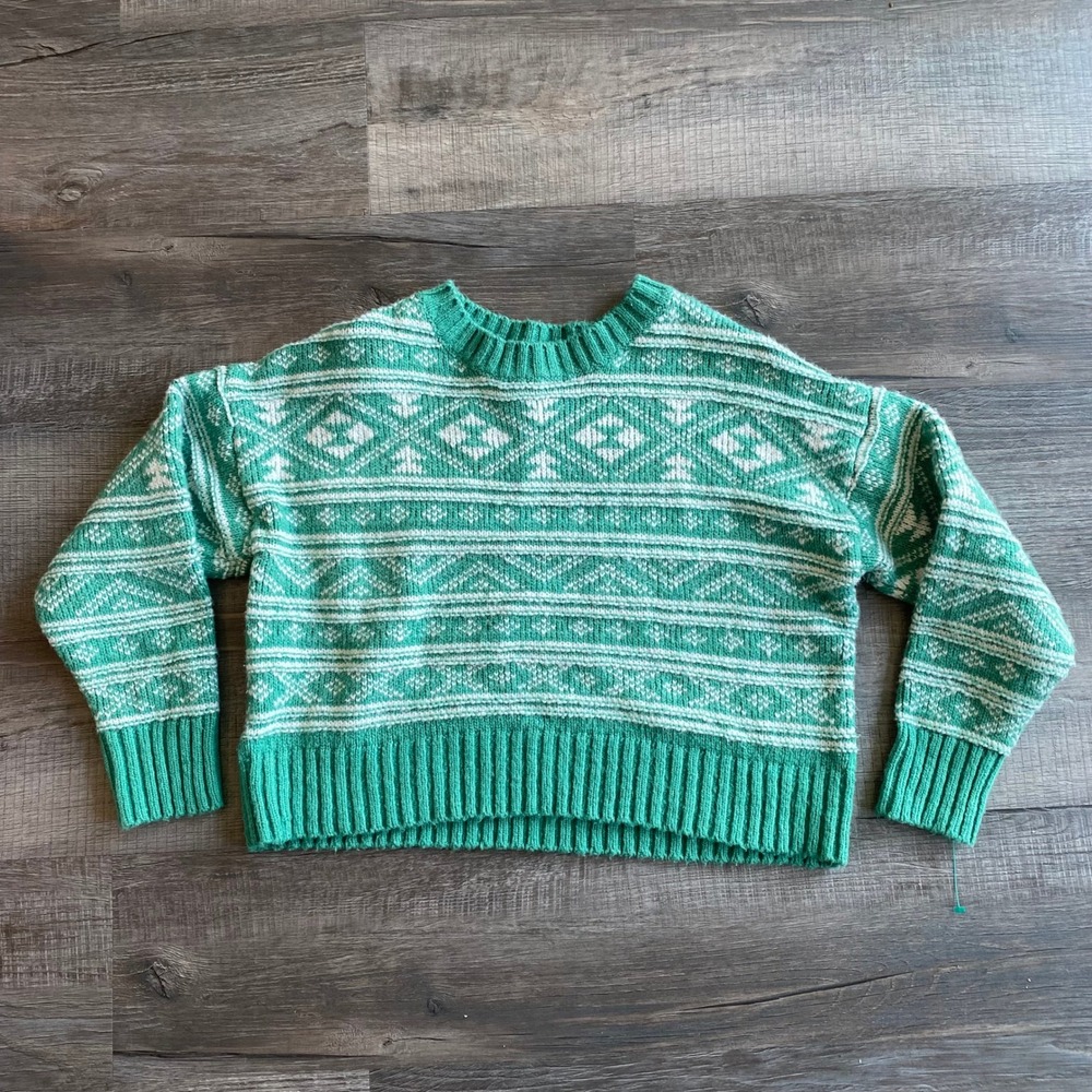 American Eagle Fair Isle Snowdrift Green And WhiteSweater